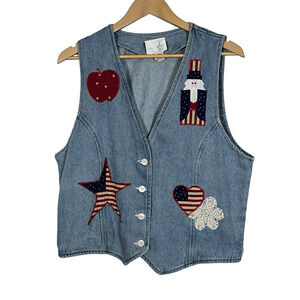 Vintage Love And Lace Vest‎ Womens Large Blue Denim Patriotic Applique USA Stars